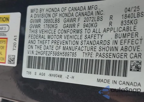 2025 Honda Civic Sport from USA, damaged, VIN 2HGFE2F59SH589785